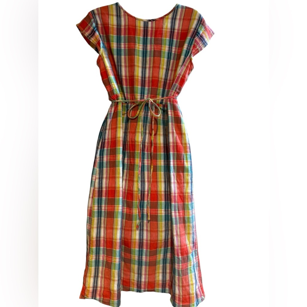 Eddie Bauer Tall 10 Madras Plaid Cotton Midi Dress Tie Waist Cap Sleeve. - Picture 2 of 5
